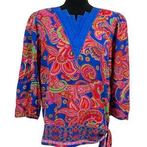 Vintage Diane Freis Blue Multi-Color 100% Silk Balloon Sleeve Shoulder Pad